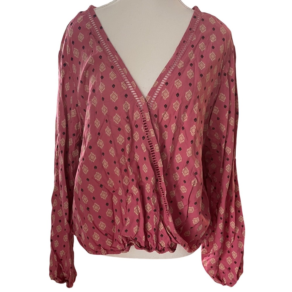 Wrangler Retro Womens XL Pink Geometric Tribal Print Surplice Faux Wrap Blouse